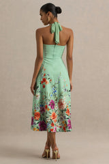 Auburn Mint Placement Floral Halter Neck Midi Dress