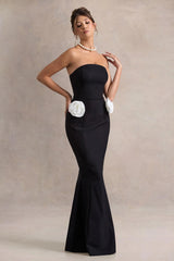 Best Of The Best Black Strapless Fishtail Maxi Dress With Corsages