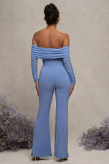 Count Down Powder Blue Maternity Ruched Mesh Bardot Jumpsuit
