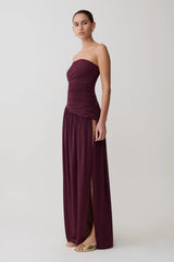 Bex Strapless Slinky Maxi Dress With Split Burgundy
