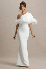 Valor White Asymmetric Maxi Dress With Feather Trim