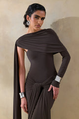 Trisara Brown Asymmetric Neck Maxi Dress With Gathered Detailing And Sash
