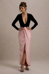 Love Spell Black Velvet Plunge Neck Maxi Dress With Pink Satin Skirt