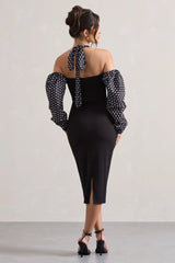 Couture Client Black White Polka Dot Halter Neck Puff Sleeve Midi Dress