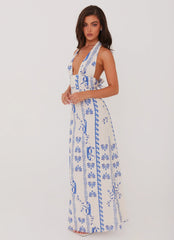 Sky Linen Maxi Dress Floral Wave