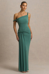 Tulisa Green Asymmetric Neck Maxi Dress With Twist Sleeves And Ruched Detailing
