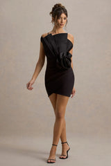 Olivette Black Ruffled Mini Dress With Corsage Detail
