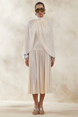 Honora Cream High Neck Midi Dress With Cape Sleeves