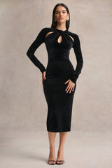 Francine Black Velvet Round Neck Midi Dress With Cut Out Details