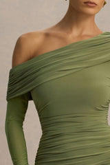 Gina Olive Asymmetric Neck Ruched Mini Dress