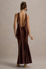 Amelita Brown Satin Cowl Neck Maxi Dress