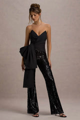 Bianco Black Sequin Strapless Flared Leg Jumpsuit With Drape