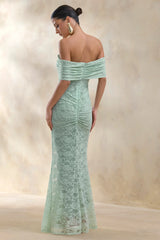 Elinor Sage Lace Bardot Neck Maxi Dress With Gathered Detailing