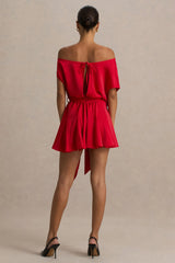 Clydie Red Satin Asymmetric Playsuit With Tie Waist
