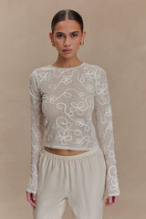 Omari Embroidery Long Sleeve Knit Top Ivory