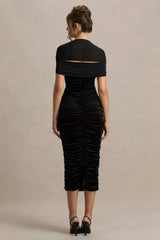 Chrissy Black Velvet Square Neck Midi Dress With Mesh Sleeves And Ruched Detailing