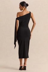 Arcelia Black Asymmetric Neck Midi Dress With Knot Sleeve Detail