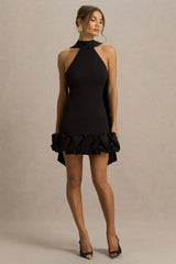 Geneve Black Halter Neck Mini Dress With Ruffled Trim