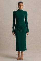 Cassandra Bottle Green High Neck Long Sleeve Midi Dress