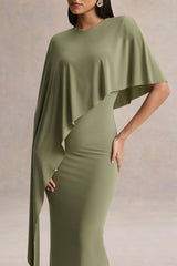 Ravena Olive Crew Neck Maxi Dress With Asymmetric Cape Sleeve