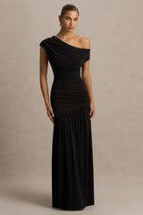 Kady Black Asymmetric Neck Maxi Dress With Ruched Detailing and Front High Split