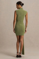 Sorenna Olive High Neck Mini Dress With Wrap And Sash Detail
