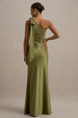 Here For Love Khaki Satin Asymmetric Maxi Dress With Bow