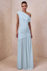 Kady Powder Blue Asymmetric Neck Maxi Dress With Ruched Detailing