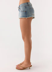Elias Low Rise Distressed Denim Shorts Vintage Wash Blue