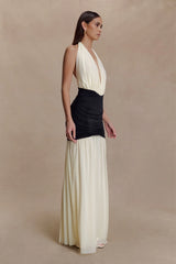Hailee Slinky And Mesh Halter Maxi Dress Black White