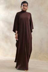 Lumisette Brown Satin High Neck Maxi Dress With Cape