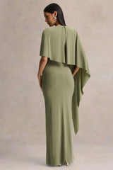 Ravena Olive Crew Neck Maxi Dress With Asymmetric Cape Sleeve