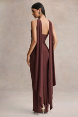 Sheila Dark Brown Bandeau Maxi Dress With Scarf Detail