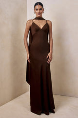 Starling Brown Matte Satin Plunge Neck Maxi Dress With Scarf Detail