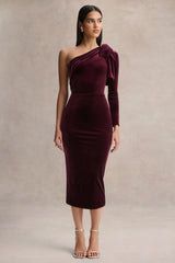 Vespera Burgundy Velvet Asymmetric Neck Midi Dress With Bow Detail
