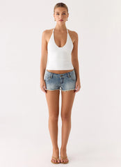 Elias Low Rise Distressed Denim Shorts Vintage Wash Blue