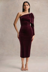 Vespera Burgundy Velvet Asymmetric Neck Midi Dress With Bow Detail