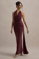 Rosina Burgundy Halter Neck Draped Maxi Dress With Sash