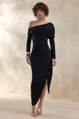 Franca Black Asymmetric Neck Midi Dress With Draped And Gathered Detailing