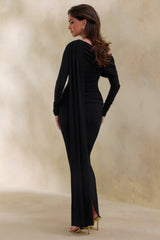 Bessy Black Asymmetric Neck Maxi Dress With Gathered Detailing And Sash