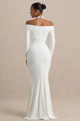 Living High White Halter Neck Maxi Dress With Long Sleeves