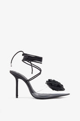 Sharpened Black Lace Up Clear Stiletto Heels With Diamante Flowers