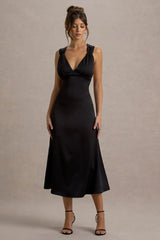 Beck Black Satin Plunge Neck Cross Back Midi Dress