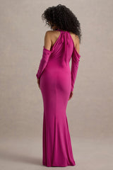 Hurghada Hot Pink Plunge Neck Long Sleeve Maxi Dress