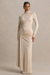 Romi Champagne High Neck Maxi Dress With Ruched Detailing