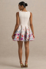 Gemstone Light Pink Floral Print Square Neck Skater Mini Dress