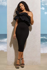 When In Rome Black Asymmetric Ruffle Midi Dress
