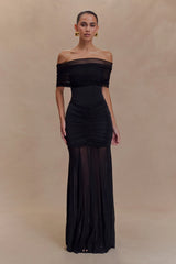 Caspian Slinky And Mesh Off Shoulder Maxi Dress Black