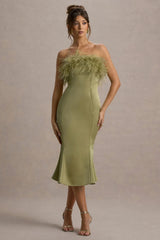 One And Only Light Green Satin Feather Trim Bandeau Midi Dress