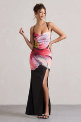 Kali Black Floral Print Cowl Neck Open Back Split Maxi Dress